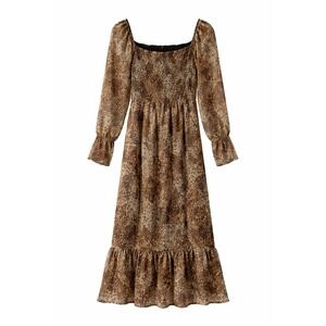 Betsey Johnson Brown Animal Print Smocked Midi Ruffle chiffon Dress size Small